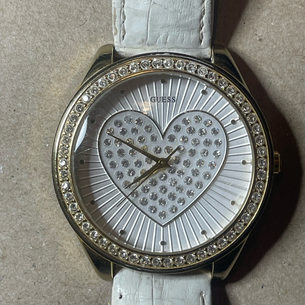 Guess Gold and White Crystal Heart Watch